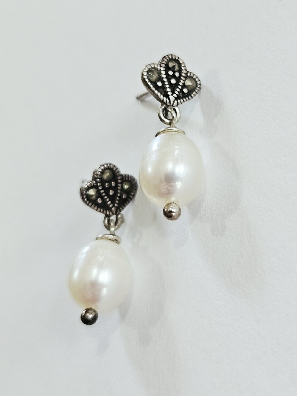 Vintage Art Deco Sterling Silver Marcasite Freshwater Pearl Dangle Drop Earrings